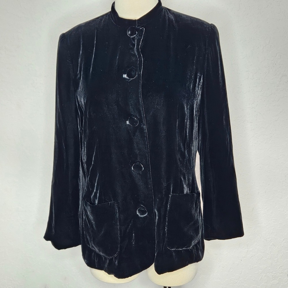 Vintage 90s Dean & White Black Silk‎ Rayon Velvet Mandarin Collar Jacket Sz 14